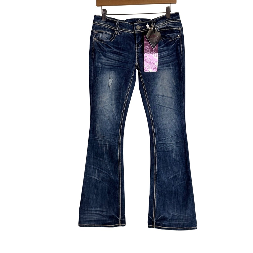 Almost Famous‎ Jeans Women's Flare Bling Distressed Denim Blue Size 3 / 29